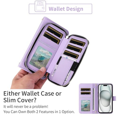 Wallet Case for iPhone 15 Plus 6.7 inch with Wrist Strap 9+ Card Slots Zipper Purse, Luxury PU Leather Stand Full Body Phone Cover for i-Phone 15+ iPhone15Plus 5G i i15 + iPhone15 15Plus Purple | Wrist/Shoulder Strap, Card Slots Luxury PU Leather Stand Ph
