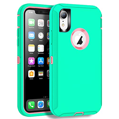 MXX Compatible with iPhone Xr Case, 3-Layer Super Protective Full Heavy Duty Body Tough Rugged Bumper Cover, Shock & Dust Proof, Designed for Apple Xr Phone Case 6.1" - color: Aqua/Light Pink