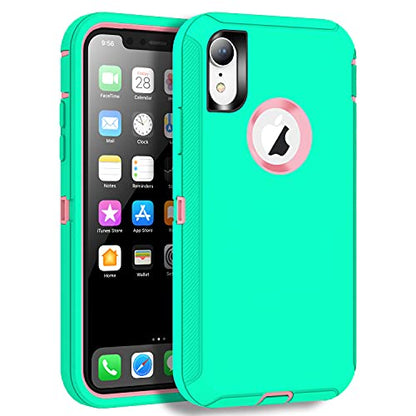 MXX Compatible with iPhone Xr Case, 3-Layer Super Protective Full Heavy Duty Body Tough Rugged Bumper Cover, Shock & Dust Proof, Designed for Apple Xr Phone Case 6.1" - color: Aqua/Light Pink