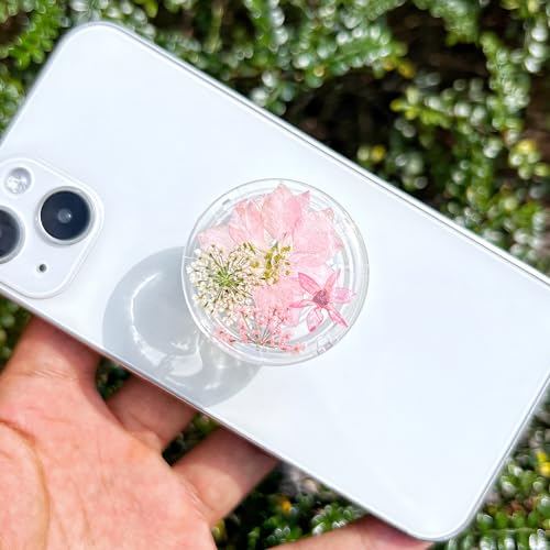 Petite Pressed Pink Flowers Phone Grip,Handmade Dried Flowers Clear Phone Stand, Expanding Cell Phone Charms Accessory, Interchangeable Kickstand, Collapsible Handle Grip Holder for Kindle