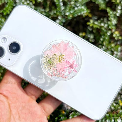 Petite Pressed Pink Flowers Phone Grip,Handmade Dried Flowers Clear Phone Stand, Expanding Cell Phone Charms Accessory, Interchangeable Kickstand, Collapsible Handle Grip Holder for Kindle