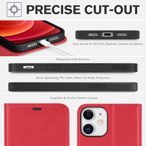 TUCCH Wallet Case for iPhone 12 Pro & iPhone 12 6.1" 2020, Flip Stand, Red | RFID Blocking, 3 Card Holders, Kickstand, PU Leather, Shockproof TPU Shell, Magnetic Closure, Protective Folio Cover - color: Red