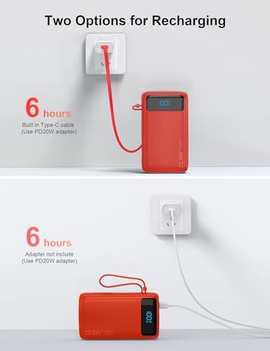 Nusyddy Portable Charger 27000mAh 22.5W w/Built-in Cable & LED Display Red - color: Red