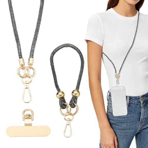 PATIKIL Crystal Phone Strap Crossbody Wrist Lanyard Phone Strap Rhinestone Cell Phone Lanyard Necklace with Tether Tabs - color: Gray
