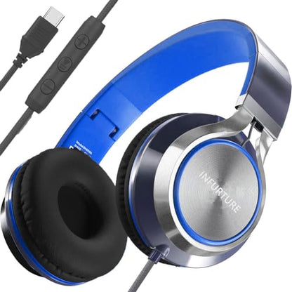 INFURTURE USB C Headphone for Kids & Adults Over-Ear Headphone with HD Mic - color: Blue