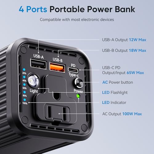 Power Bank with 100W AC Outlet, 27000mAh (98Wh) Portable Laptop Charger, 65W USB-C PD Fast Charging Battery, Wireless Charging Portable Power Supply for Travel, Camping, Road Trip & Emergency Backup