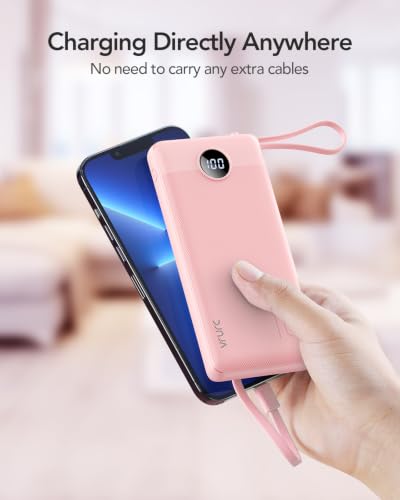 VRURC Portable Charger, Slim Power Bank Built-in 4 Cables, Travel Essential - color: Pink