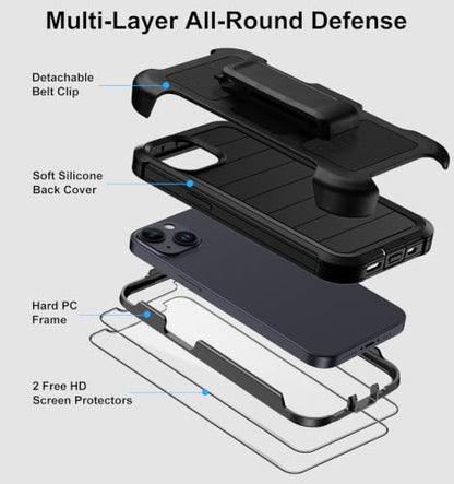 for iPhone 14 Case/iPhone 13 Case with Belt Clip Holster Screen Protectors, Heavy Duty Military Grade Shockproof Protection Rugged Anti-Drop Kickstand Phone Cover for Apple 14/13 (Black) - color: Black