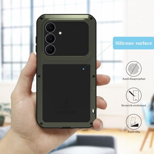 LOVE MEI Military Rugged Case for Samsung Galaxy S25 FE 5G, with Tempered Glass Screen Protector, Shockproof Dustproof Scratch Proof Hybrid Metal and Silicone Gel Heavy Duty Full Body Cover (Green) - color: Green