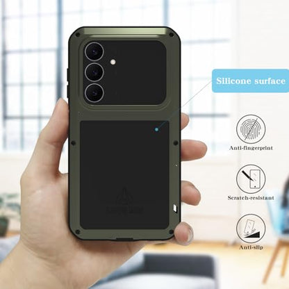 LOVE MEI Military Rugged Case for Samsung Galaxy S25 FE 5G, with Tempered Glass Screen Protector, Shockproof Dustproof Scratch Proof Hybrid Metal and Silicone Gel Heavy Duty Full Body Cover (Green) - color: Green