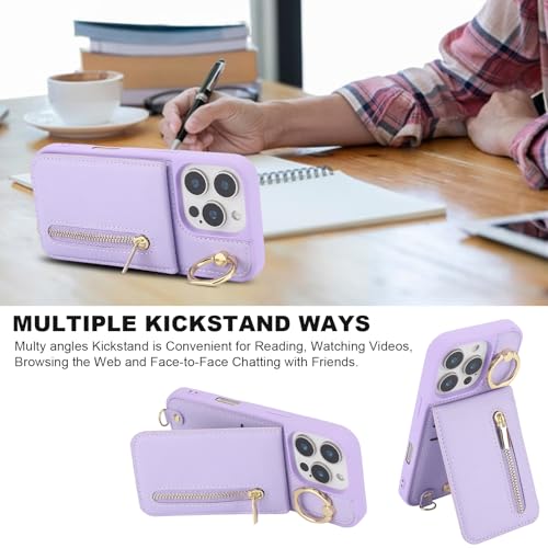 Crossbody Wallet Case for iPhone 12 Pro Max, with Card Slots Zipper Pocket Case, Flip Folio Purse RFID Blocking with Ring Kickstand Detachable Strap-Purple - color: Purple, size: iPhone 12 Pro Max(6.7")