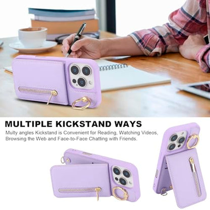 Crossbody Wallet Case for iPhone 12 Pro Max, with Card Slots Zipper Pocket Case, Flip Folio Purse RFID Blocking with Ring Kickstand Detachable Strap-Purple - color: Purple, size: iPhone 12 Pro Max(6.7")