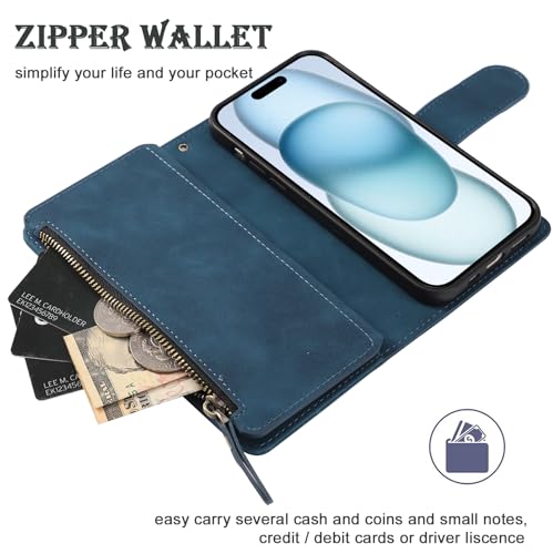 RANYOK Wallet Case for iPhone 15 (6.1 inch) with RFID Blocking Credit Card Holder, Premium PU Leather [Zipper Pocket] Flip Folio Case Wallet with Wrist Strap Kickstand Protective Case (Blue) - color: Blue