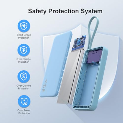 NOBIS Portable Charger 10000mAh 25W Power Bank with Built-in Cable - color: Blue