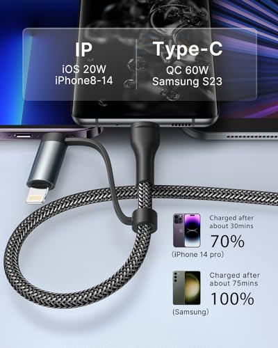 4 in 1 Charging Cable, USB C Lightning Adapter USB C to USB C 60W PD [Fast Charging & Data Sync] 4 in 1 Multi Charger for iPhone 16 15 14 13 12,MacBook Pro 2023 iPad mini 6/Pro,Samsung Galaxy S22 S21 - color: Black, size: 3FT