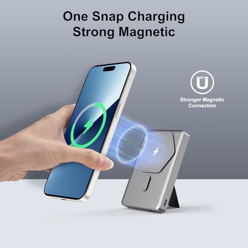 SIXTHGU Magnetic Power Bank for Magsafe, 10000mAh Wireless Portable Charger with Stand[Alloy Made], 22.5W Fast Charging, PowerMag for iPhone 17/16/15/14/13/12 Pro/Pro Max/Plus/Mini, Titanium
