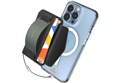 Sinjimoru 3 in 1 Magnetic Card Holder, Magnetic Wallet for MagSafe as Cell Phone Wallet Stick On with Phone Grip Holder & Mobile Phone Kickstand iPhone 12 13 & iPhone 14 Series. M-BGrip Olive Grey | M-BGRIP, fits iPhone 16-12, 2600g magnetic strength, 2-3