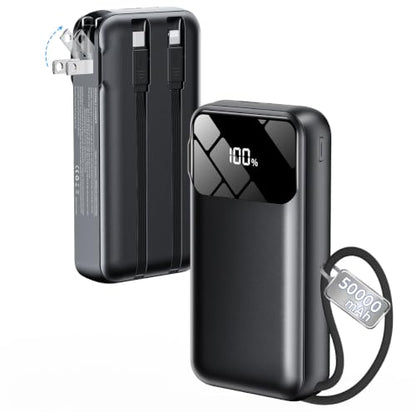 Portable Charger 50000mAh, Power Bank with Built-in Cables & Wall Plug - color: Black