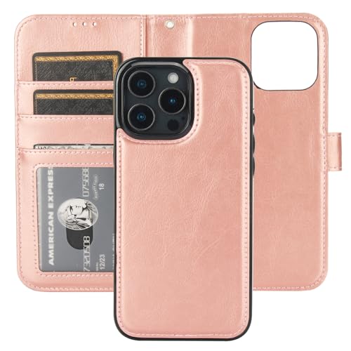 Bocasal Detachable Wallet Case Card Holder for iPhone 16 Pro Max Rose Gold | RFID Blocking Kickstand Card Slots Holder PU Leather Magnetic Shockproof Wrist Strap Removable Flip Protective Cover 6.9 inch - color: Rose Gold