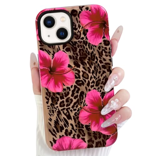Lovmooful for iPhone 13/14 Case Cute Flower Leopard-Hibiscus | Compatible for iPhone 13/14 Case,Aesthetic,Hibiscus,Floral,2 in 1,for Women Girls,Soft TPU+PC,Shockproof,Protective - size: iPhone 13/14
