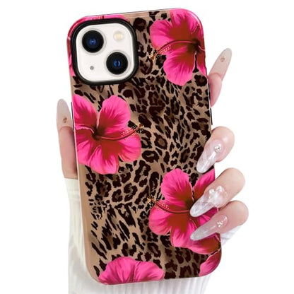 Lovmooful for iPhone 13/14 Case Cute Flower Leopard-Hibiscus | Compatible for iPhone 13/14 Case,Aesthetic,Hibiscus,Floral,2 in 1,for Women Girls,Soft TPU+PC,Shockproof,Protective - size: iPhone 13/14