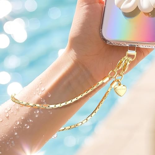 Shimmering Gold Phone Charm Strap, Metal Chain Wristlet with 2 Tether Tabs for iPhone Case, Anti-Theft Hands-Free, Women & Girls Travel Party Accessory