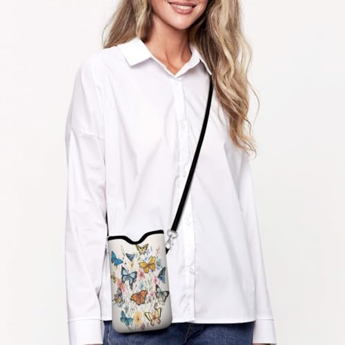 Universal Phone Sleeve Pouch with Crossbody Strap 7.6 X 4.3 Inches Shockproof Water Resistant Mobile Protection Bag-Butterfly Wildflower Neoprene Phone Pouch Bag - color: Butterfly Wildflower-Phone Pouch