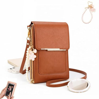 Touch Screen Phone Crossbody Bag, Waterproof PU Leather with Adjustable Shoulder Straps, for Women Outdoor, Travel - color: Brown