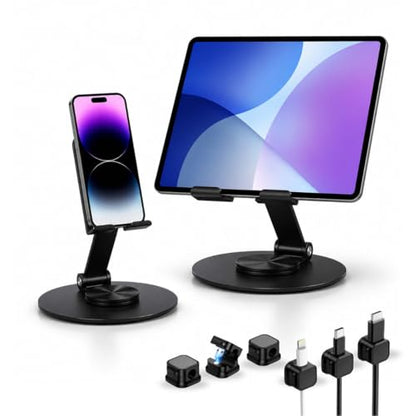 Phone & Tablet Stand for Desk (2 peice) with 6 Magnetic Cable Organizer Clips, 360 Rotating Adjustable Height Stand, Compatible with iPhone, iPad, All Smartphones Tablets, Desk Organization Bundle.