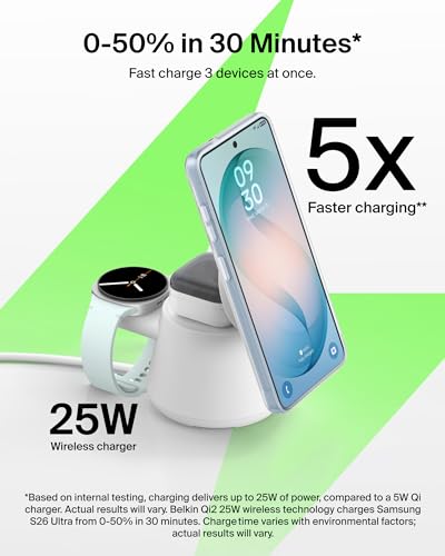 Belkin Qi2.2 25W Magnetic Wireless Charging Station, 3 in 1 Samsung Charger - color: Sand