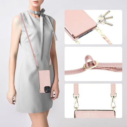 Bocasal Crossbody Wallet Case with Strap for iPhone 16 Pro Max, Rose Gold | RFID Blocking Card Slot Holder, Magnetic Flip Folio Purse Case, PU Leather Zipper Handbag Detachable Lanyard Strap 6.9 Inch - color: Rose Gold