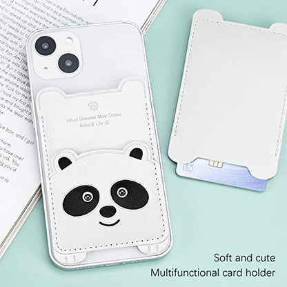 Cell Phone Wallet,White Leather Cute Panda, Secure Card Holder for iPhone, Android & Smartphones,Premium Leather,Adhesive Sleeve Pocket,Minimalist Design