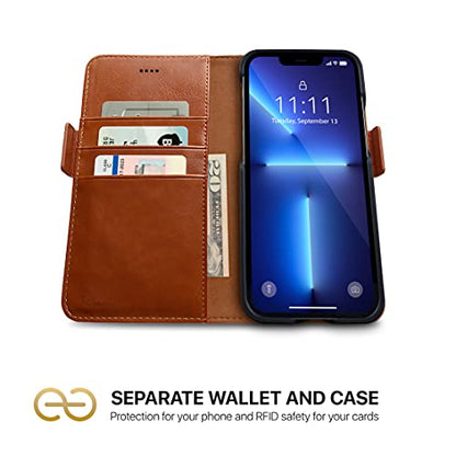 Dreem Vegan Leather Magnetic Detachable Wallet Case for iPhone 13 Pro Max | Built-in Phone Stand, RFID Blocking Card Holder Flip Cover, MagSafe Compatible, Gift Box [Fibonacci: Caramel] - color: Caramel, size: iPhone 13 Pro Max