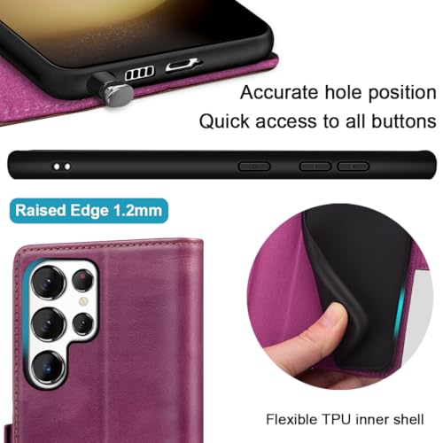 KEZiHOME Genuine Leather Wallet Case for Samsung Galaxy S25 Ultra | Purple/Brown, RFID Blocking, S25 Ultra Wallet Case, Card Slot, Flip, Magnetic Stand Phone Cover Compatible with S25 Ultra - color: Purple/Brown, size: Galaxy S25 Ultra Case