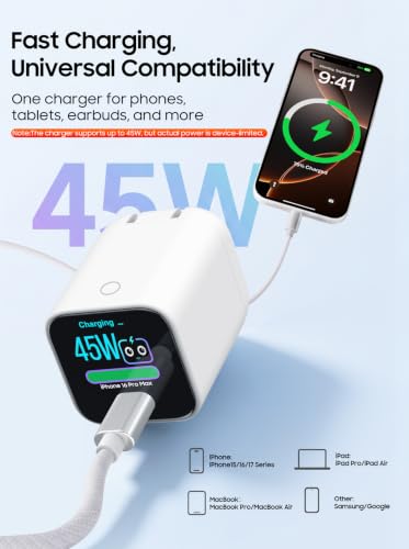 Smart Display Charger,USB C Charger Block with 6.6FT USB-C Cable,45W Max GaN Phone Charger 90° Foldable Plug,Smart Recognition,Care Mode,Real-Time Display,for iPhone 17 Pro Max/ 17 Pro /16/15