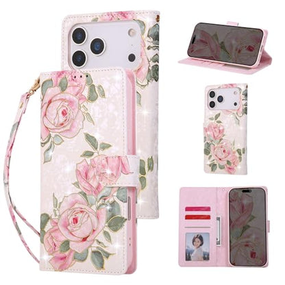 UEEBAI Wallet Case for iPhone 17 Pro Max, PU Leather Phone Cover Kickstand RFID Blocking Flip Case Card Slots Wrist Strap Relief Engraved Pattern Magnetic Closure Flower Folio Wallet, White Rose - color: White Rose, size: iPhone 17 Pro Max