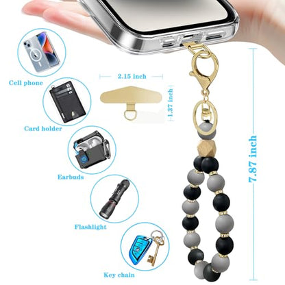 Silicone Beaded Phone Wrist Strap, Phone Bracelet Strap with Tether Tab Elastic Hands Free Wristlet Strap - color: Black Grey