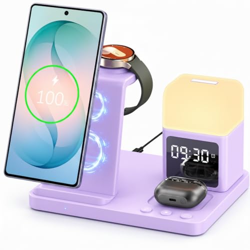Wireless Charger for Samsung/Android, 6 in 1 Phone Nightstand Charging Station Charger with Alarm Clock/Night Light for Samsung S26/S25/S24 Ultra/Buds4,Watch Charger for Galaxy Watch 8/7/6/5 - color: Violet