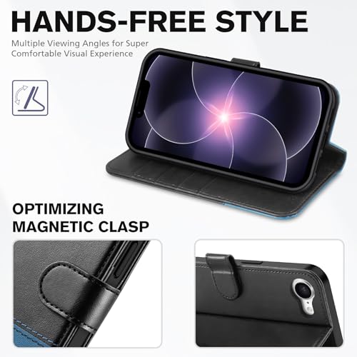 TUCCH Case Wallet for iPhone 17e 16e 6.1", Flip Stand, Black & Light Blue | 4 Card Holders, Kickstand, PU Leather, Magnetic Closure, Shockproof TPU Shell, Protective Flip Cover - color: Two-tone Black & Light Blue