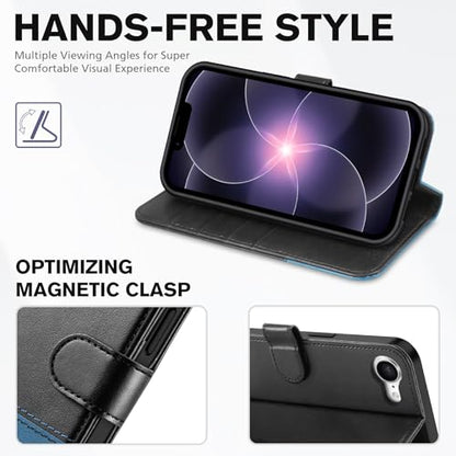 TUCCH Case Wallet for iPhone 17e 16e 6.1", Flip Stand, Black & Light Blue | 4 Card Holders, Kickstand, PU Leather, Magnetic Closure, Shockproof TPU Shell, Protective Flip Cover - color: Two-tone Black & Light Blue