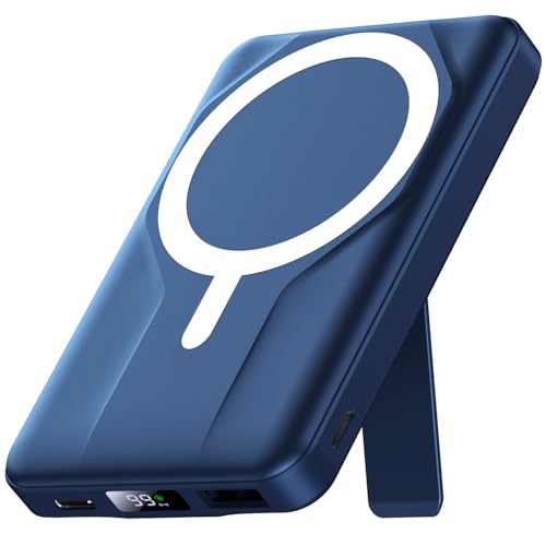 Azmuth Magnetic Wireless Power Bank 10000mAh, 15W Portable Charger Compatible with MagSafe for iPhone 17/16/15/14/13/12 Series Built-in Stand LED Display 20W PD USB-C 22.5W USB-A Blue