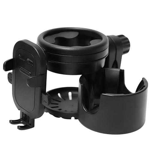 4-in-1 Universal Stroller Cup Holder with 360° Phone Mount - Adjustable Drink & Phone Holder for Strollers, Wheelchairs, Bikes, and Scooters 【Black】