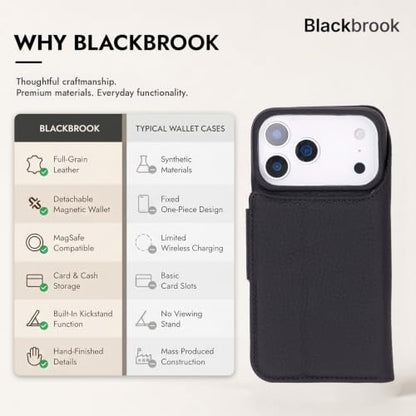 BLACKBROOK Detachable Leather Wallet Case Compatible with iPhone 17 Pro | Full-grain detachable folio with RFID blocking, 3 card slots, ID window, built-in kickstand, wireless charging, handcrafted. - color: Pebble Black, size: iPhone 17 Pro