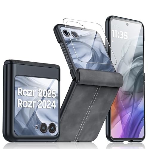 for Motorola Razr 2026 Case, Razr 2025/2024 Case, Built-in Screen Protector & Hinge Protection & Ultra Thin PU Leather Matte PC Shockproof Phone Case for Moto Razr 2026/2025/2024 (Black Gray) - color: Black, size: Razr 2025/2024