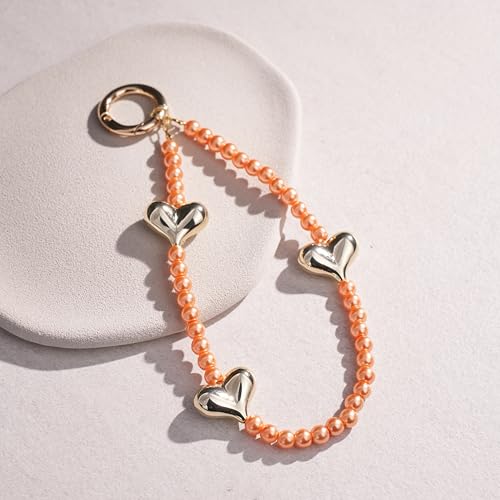 Phone Wrist Strap Pearl Beaded Chain Wristlet Gold Heart Charms - color: Orange