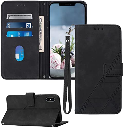 for iPhone X/Xs Flip Wallet Case with Card Slots, Black | PU Leather, TPU Interior, 3 Card Slots, Cash Pocket, Magnetic Clasp, Detachable Wrist Strap, Stand, Precise Cutouts - color: Black