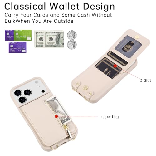 Crossbody Wallet Case for iPhone 17 Pro with Lanyard Strap Card Slot Holder RFID Blocking Kickstand,Magnetic Flip Folio Zipper Purse Case, PU Leather Cover Handbag,Beige - color: Beige, size: iPhone 17 Pro(6.3")