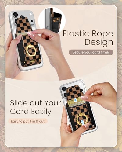 Shorogyt Compatible with Magsafe Wallet with Ring Grip Magnetic Card Holder - Cute Phone Wallets with Stand for iPhone 17/16/15/14/13/12 Series for Women Girls Black Grid Design, Fit 7 Cards - color: Black Grid