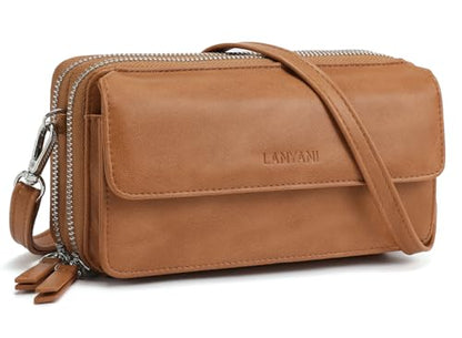 RFID Crossbody Wallet Wristlet Purse with Phone Pocket For Women Vegan Leather - color: B-dark Mustard