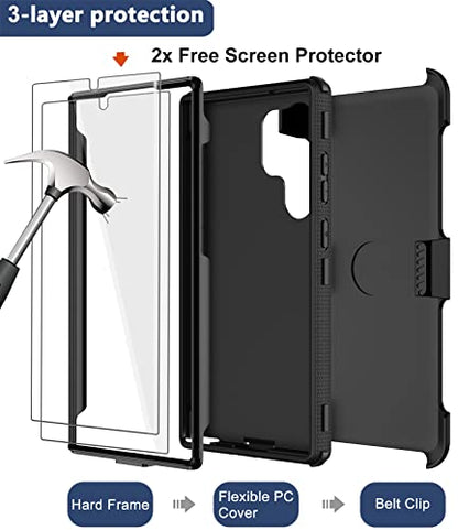 for Samsung Galaxy S22 Ultra Case with Belt Clip Holster, 2X Screen Protector, Military Grade Protection Heavy Duty Full Body Shockproof Rugged Protective Cover for Samsung S22 Ultra 5G (Black C) - color: Black C